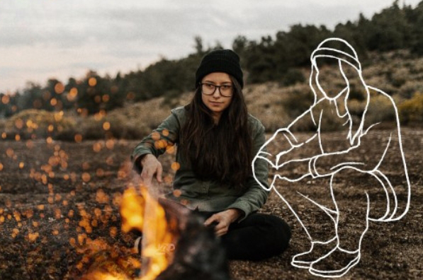 woman with transparent figure beside her