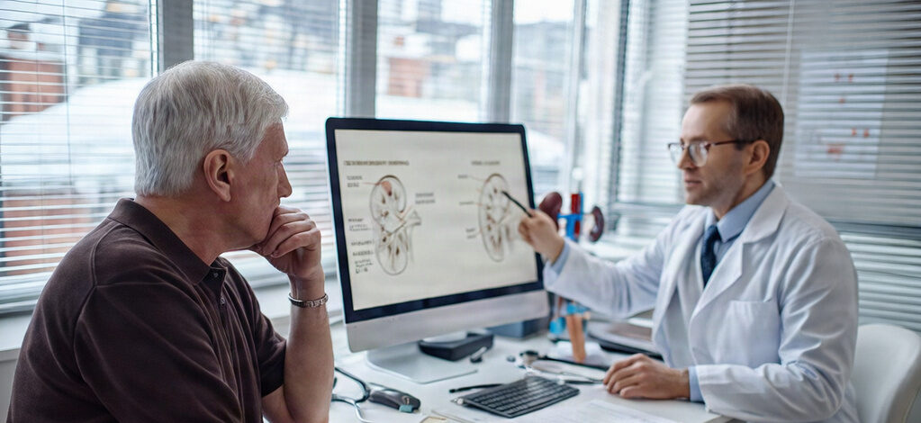 Urology Middle aged Caucasian male urologist explaining kidney diagram on computer monitor to senior Caucasian man during medical consultation in modern clinic office setting